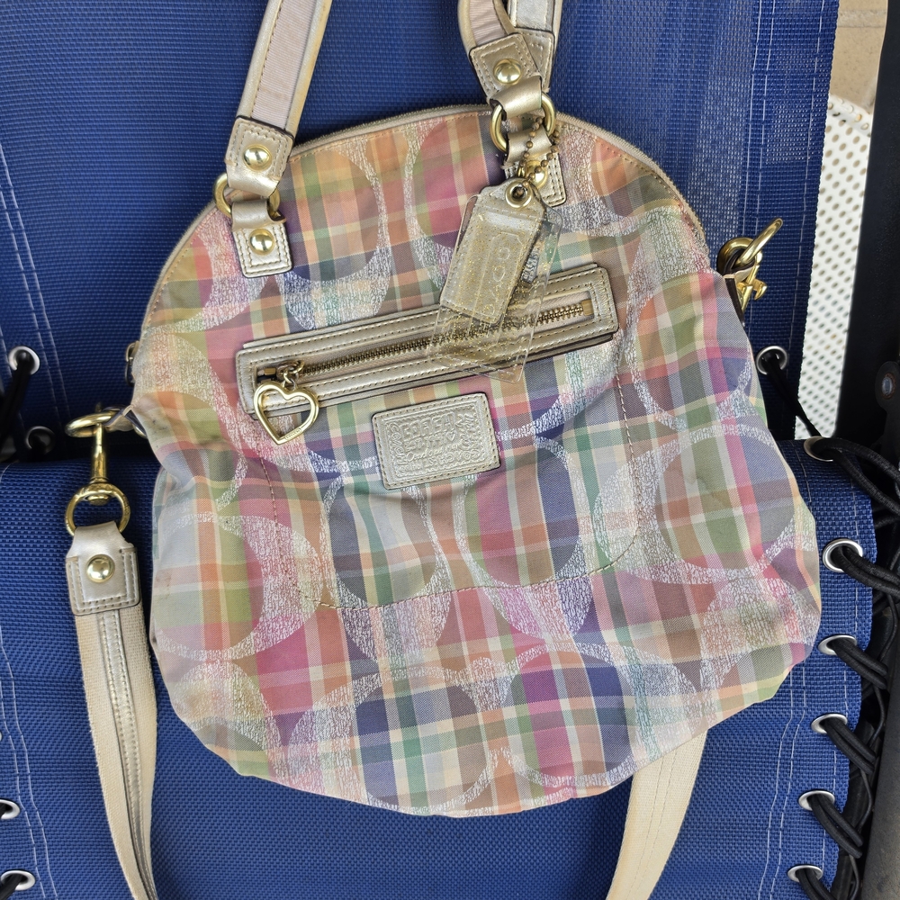 Coach Pastel Multicolor Plaid Shoulder Bag with Gold Hardware